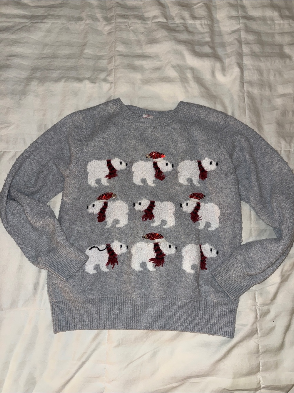 Light Gray Polar Bear Knit Sweater with Red Accents - woman medium